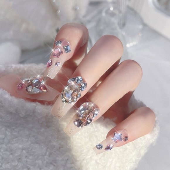 NEW Sparkling Bling Crystal Hearts & Star Glitter Press On False Nails +… - Picture 4 of 6